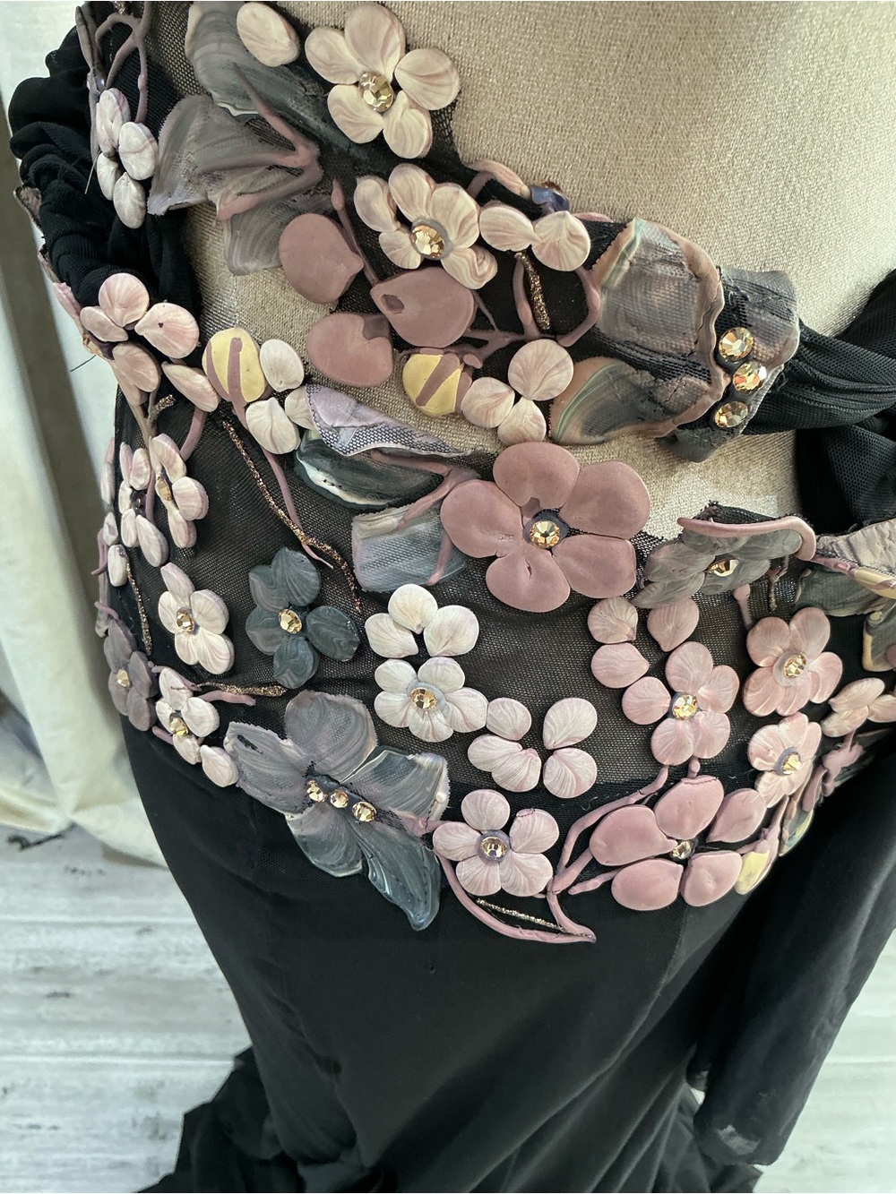 Black Halter Evening Gown with Pink Floral Embroidery - Picture 14 of 15